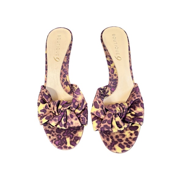Boutique 9 Heels Penelope Animal Print Open Toe Slides Slip On Knotted EUC 8M - Picture 2 of 7